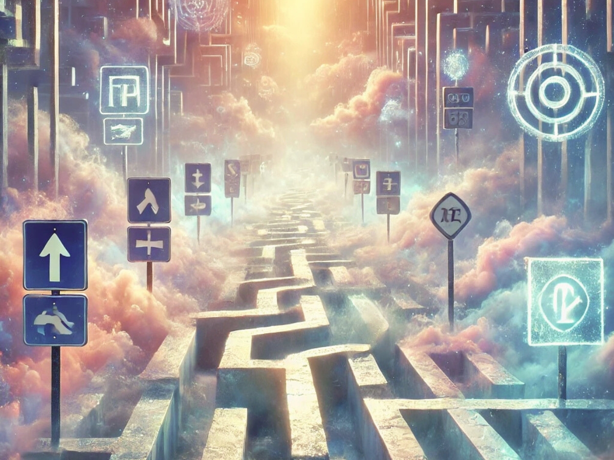 A maze-like path with various road signs, rendered in a contemplative artistic style