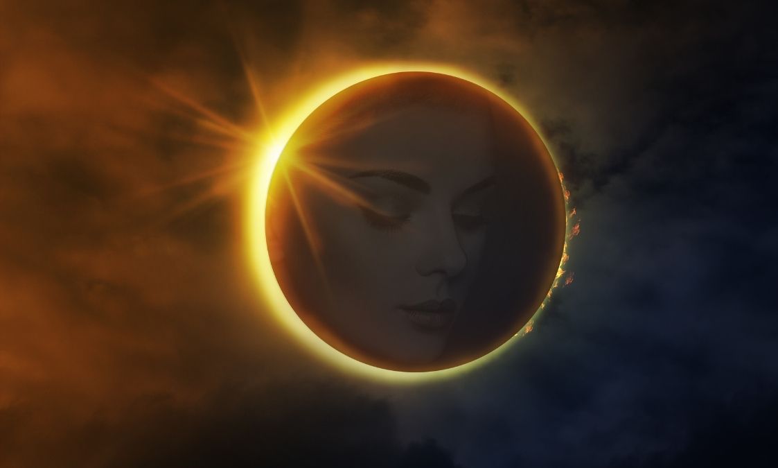 Eclipses & The Unspoken Shadows A solar eclipse with a faint outline of a face in the shadowed Sun