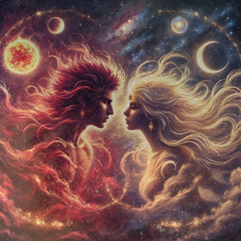 Mars, Venus & The Cosmic Battlefield Two celestial figures—one embodying Mars, fierce and fiery, the other Venus, luminous and serene—locked in an ethereal dance.