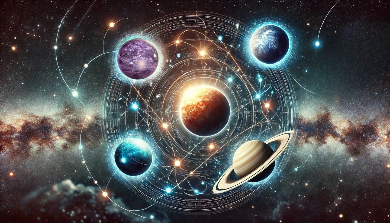 Messages From the Outer Planets A celestial map with Pluto, Uranus, Neptune, and Saturn highlighted, their energies intertwining in cosmic threads.