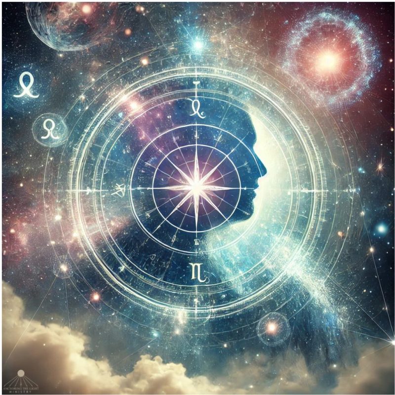 Your Stars Hold Answers—Schedule an Astrology Consultation A celestial compass overlaying a human silhouette.