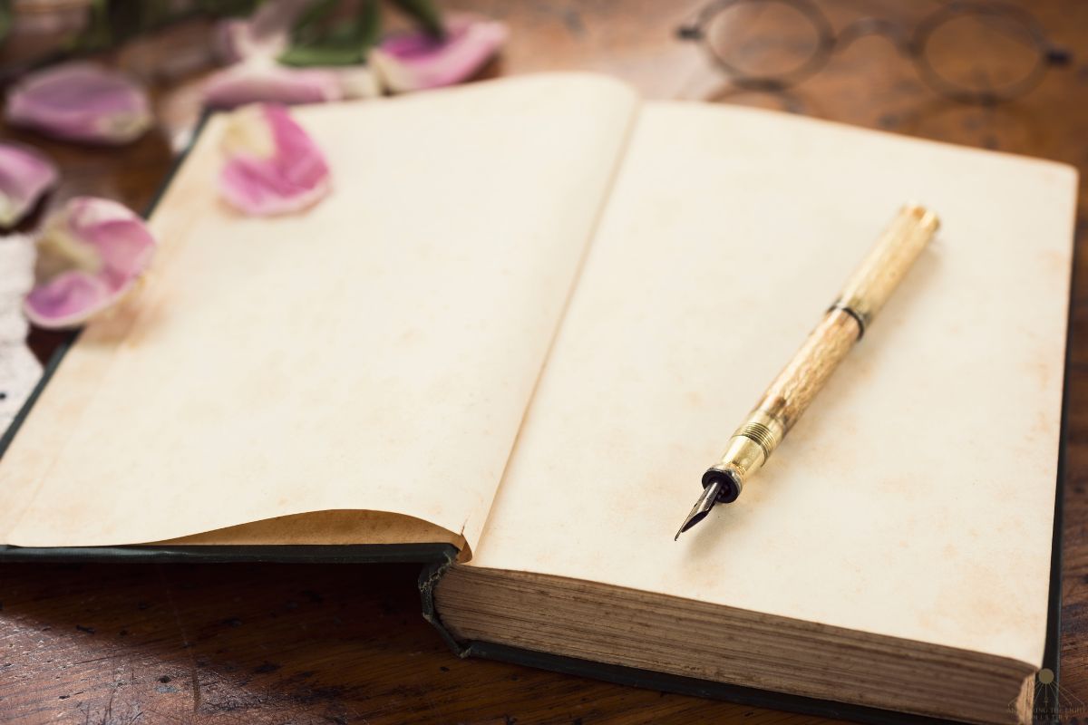 A dimly lit desk with a pen resting on a blank, open journal, with rose pedals surrounding it.