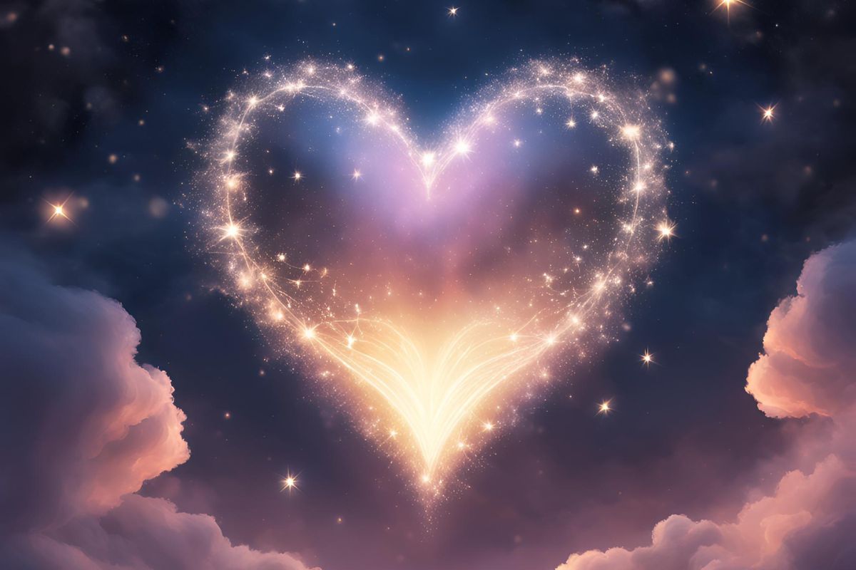 Continuing Connections and Visits An etheric heart made of twinkling lights and surrounded by fluffy clouds in the cosomos