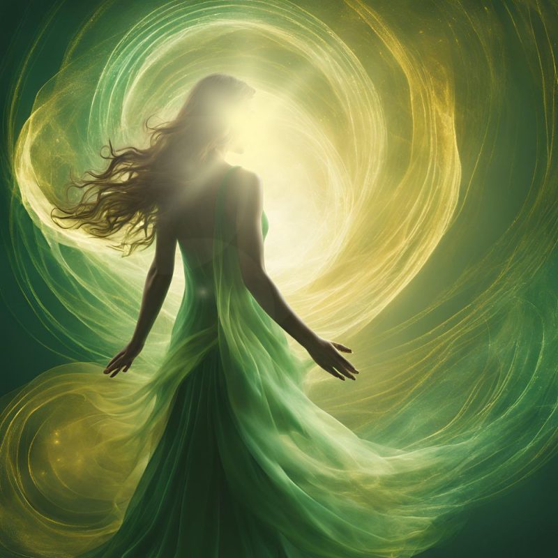 The Healing Process in the Spirit World Abstract representation of healing light in green and gold tones, ethereal and peaceful, surrounding a woman
