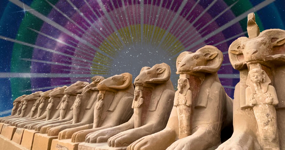 Avenue of Rams in Luxor, Egypt with I Am Presence & cosmos in the background