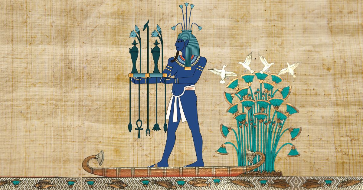 papyrus-nile-god-hapi A papyrus of the Nile god Hapi on the Nile with papyrus blooms and birds