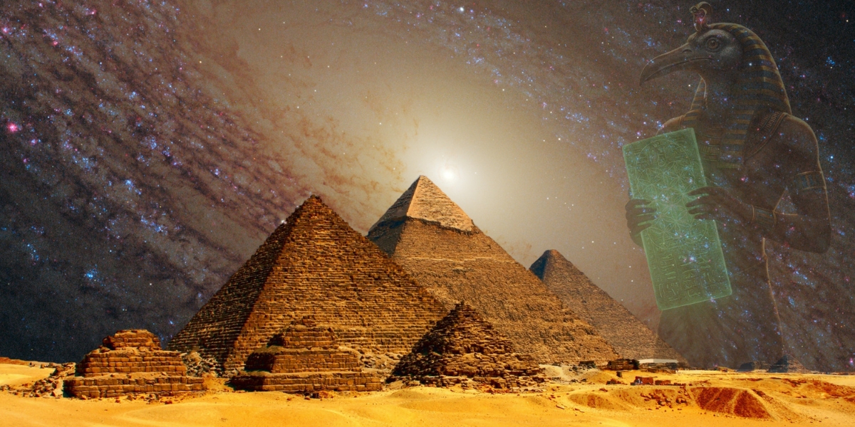 From Atlantis to Egypt Thoth as the priest-king of Atlantis, holding the Emerald Tablets, in front of the Great Pyramids of Giza under a star-filled sky.