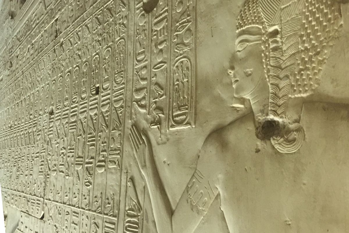 King’s List Abydos Close-up of the King's List wall with its ancient hieroglyphic inscriptions, showing the names of pharaohs stretching back to the beginning of Egyptian history