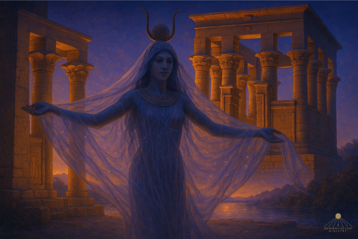 Mystical digital artwork of the Temple of Isis at Philae at twilight, with a glowing sunset, a translucent figure of Isis with an outstretched veil, and shimmering light over the Nile.