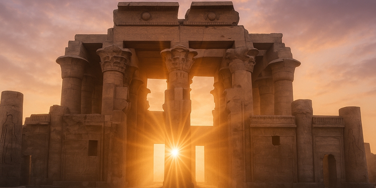 Wide shot of the front façade of Kom Ombo at sunset