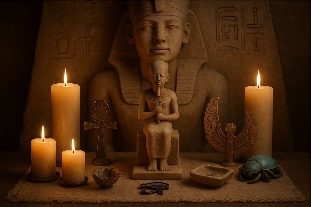A Temple Within: Inner Sacred Union A candlelit altar representing the sacred union within as taught at Abu Simbel