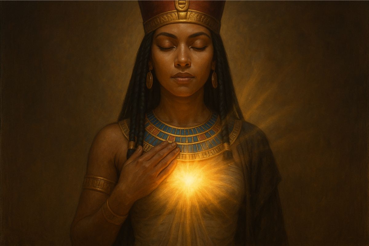The Body as Temple and Messenger Nephtys with her hand over her heart, light emerging from within.