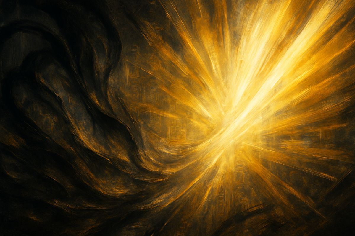 Chaos and Light: The Dance of Destruction and Rebirth An abstract painting of swirling chaos and light, symbolising transformation.