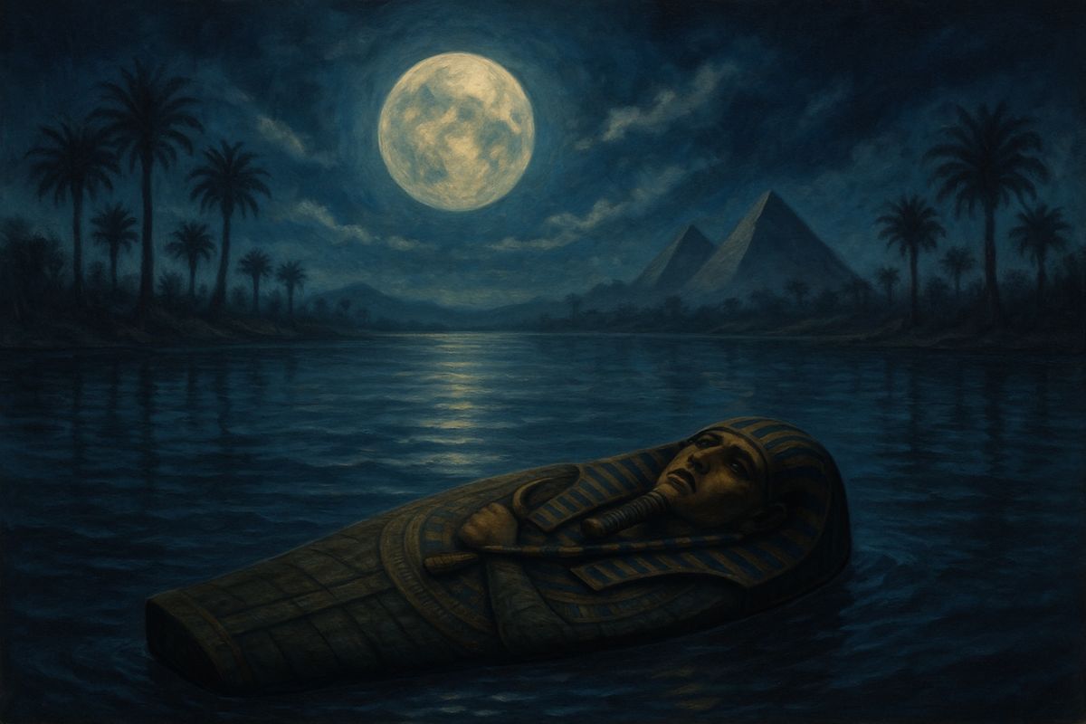 Coffin on the Nile: The Descent of Osiris A symbolic coffin floating in moonlit Nile waters, evoking sorrow and mystery.