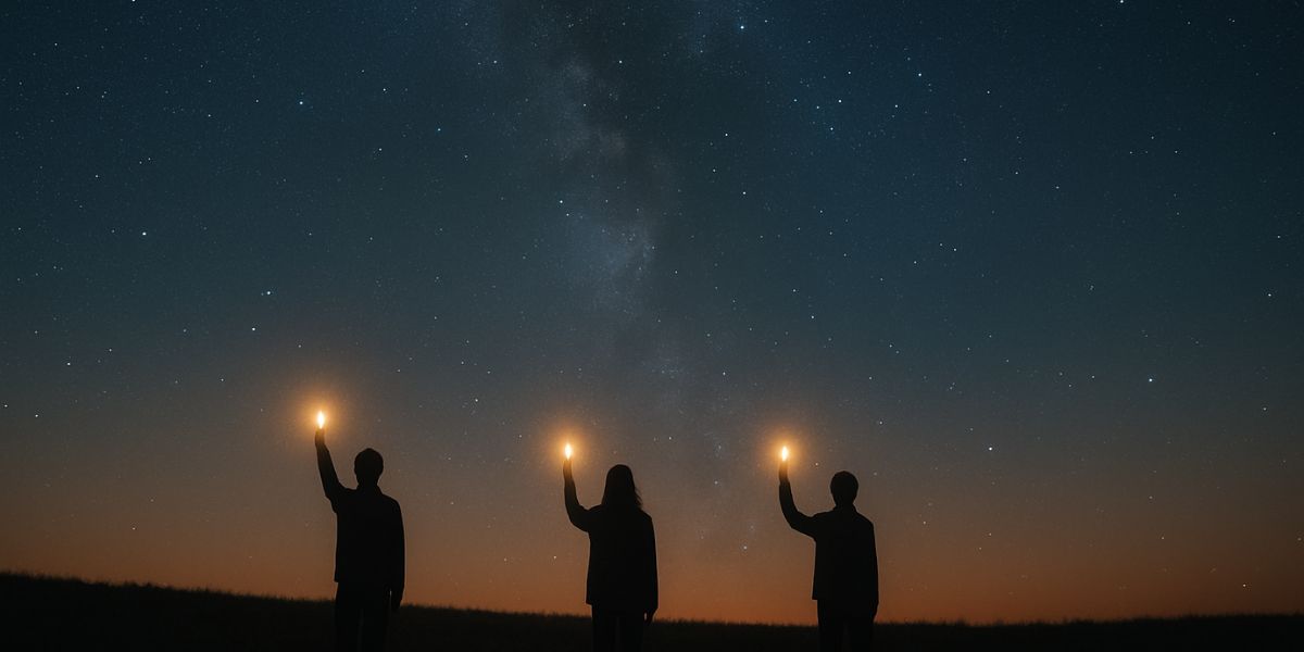 Silhouettes holding light against a starry backdrop, representing collective awakening