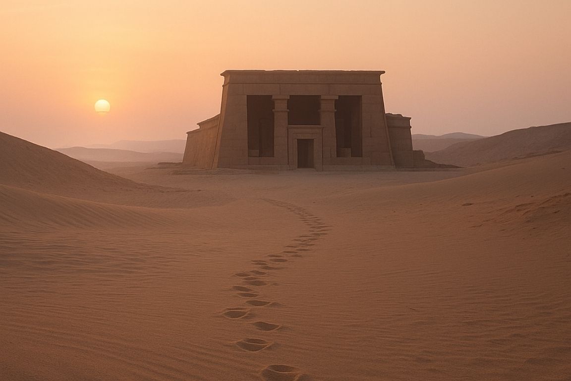 A peaceful desert scene at dawn with footprints leading to an ancient temple.