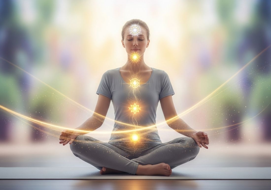 Inner Light Activation Person meditating, connecting to their inner light and chakras through Solar Pulse meditation.