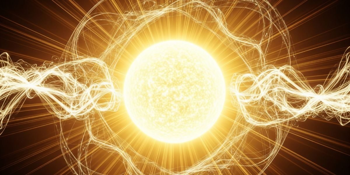 A radiant sun emitting golden light waves, with a subtle overlay of abstract, interconnected light patterns representing energetic flow and awakening.