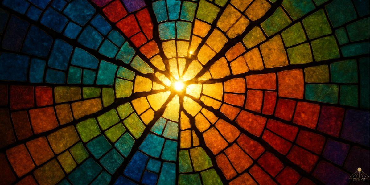 Guided meditation for radical integration showing abstract mosaic light symbolising wholeness and self-realisation