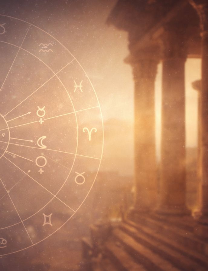 spring-equinox-workshop-melaka-astrology-birth-chart-temple-light Golden light through ancient temple columns with a translucent astrology birth chart overlay, symbolising perspective and awareness during the Spring Equinox workshop in Melaka.
