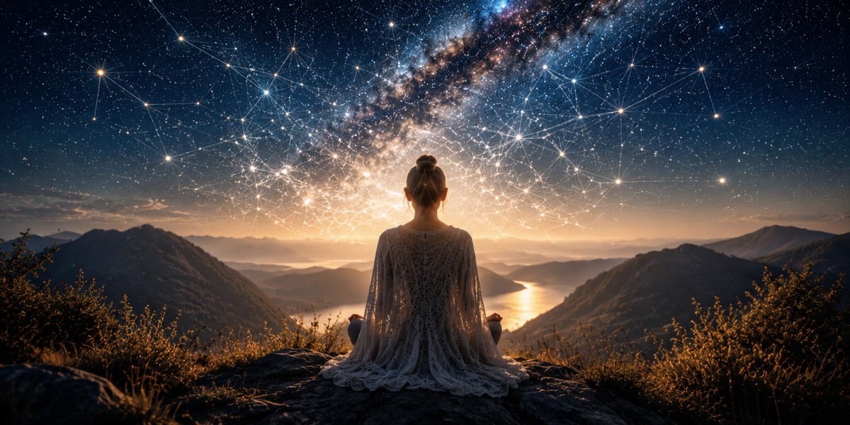 Woman meditating beneath a cosmic sky symbolising Uranus in Gemini, collective acceleration, and staying grounded during rapid change