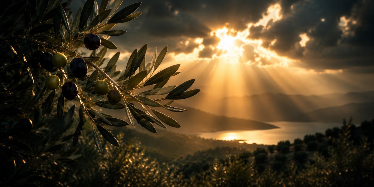 Olive branches beneath rays of light breaking through a dark sky, symbolizing the spiritual meaning of life falling apart